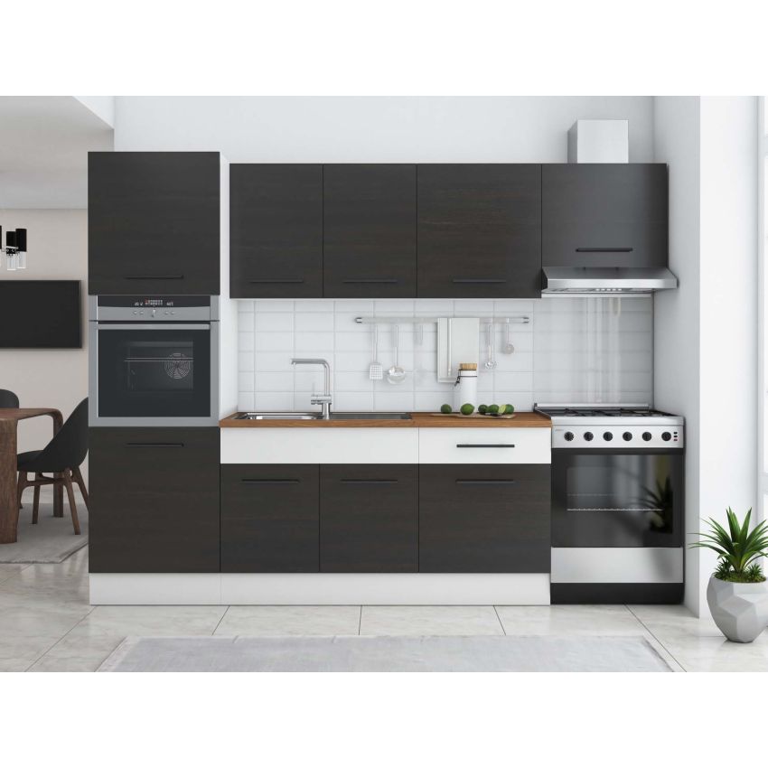 Bucatarie Sofia 260 cm, Wenge / Alb, Blat termic nuc, Corp cuptor incorporabil