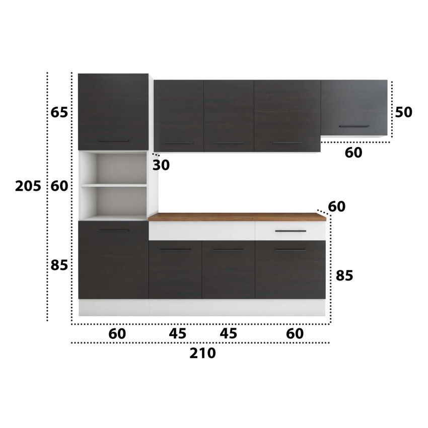 Bucatarie Sofia 260 cm, Wenge / Alb, Blat termic nuc, Corp cuptor incorporabil
