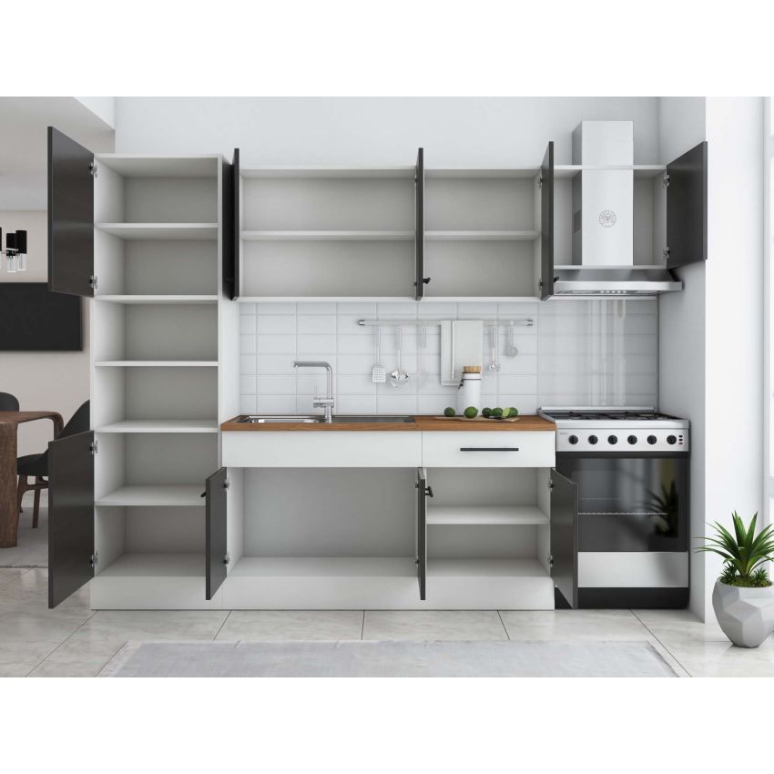 Bucatarie Sofia 260 cm, Wenge / Alb, Blat termic nuc, Corp cuptor incorporabil