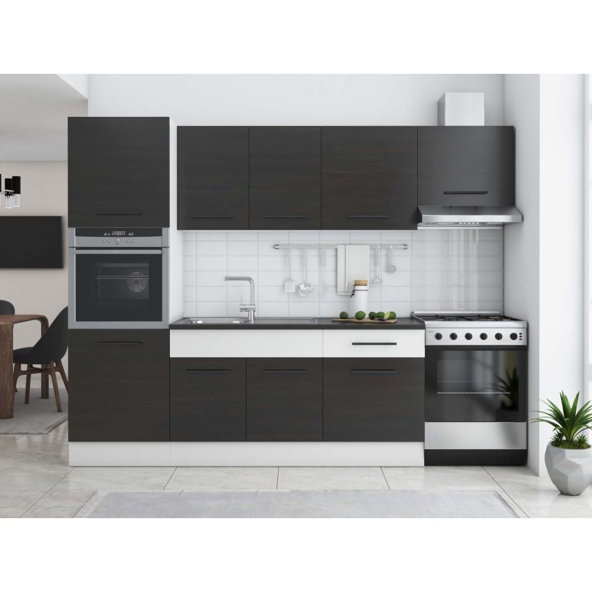 Bucatarie sofia 260 cm, wenge / alb, blat termic wenge, corp cuptor incorporabil