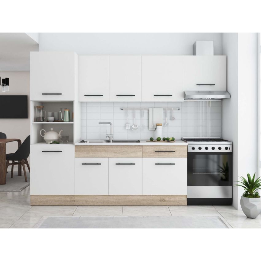 Bucatarie Sofia 260 cm, Alb / Sonoma, Blat termic alb, Corp cuptor incorporabil