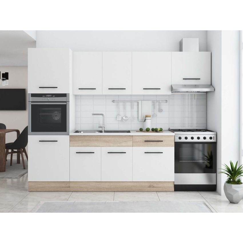 Bucatarie Sofia 260 cm, Alb / Sonoma, Blat termic alb, Corp cuptor incorporabil