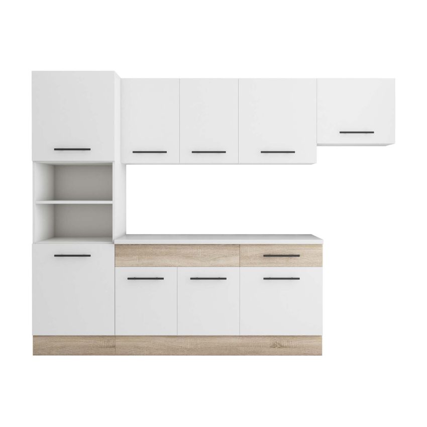 Bucatarie Sofia 260 cm, Alb / Sonoma, Blat termic alb, Corp cuptor incorporabil