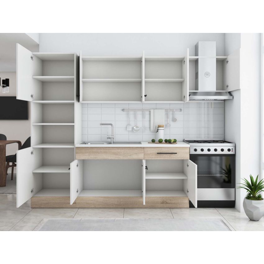 Bucatarie Sofia 260 cm, Alb / Sonoma, Blat termic alb, Corp cuptor incorporabil