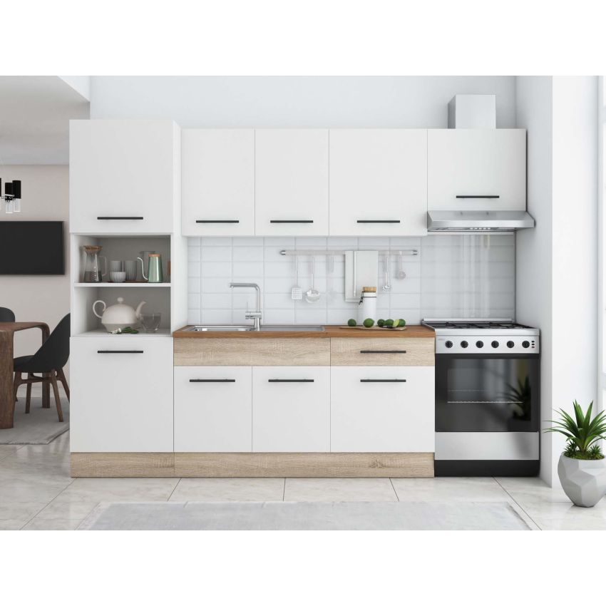 Bucatarie Sofia 260 cm, Alb / Sonoma, Blat termic nuc, Corp cuptor incorporabil