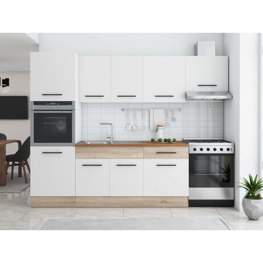 Bucatarie Sofia 260 cm, Alb / Sonoma, Blat termic nuc, Corp cuptor incorporabil