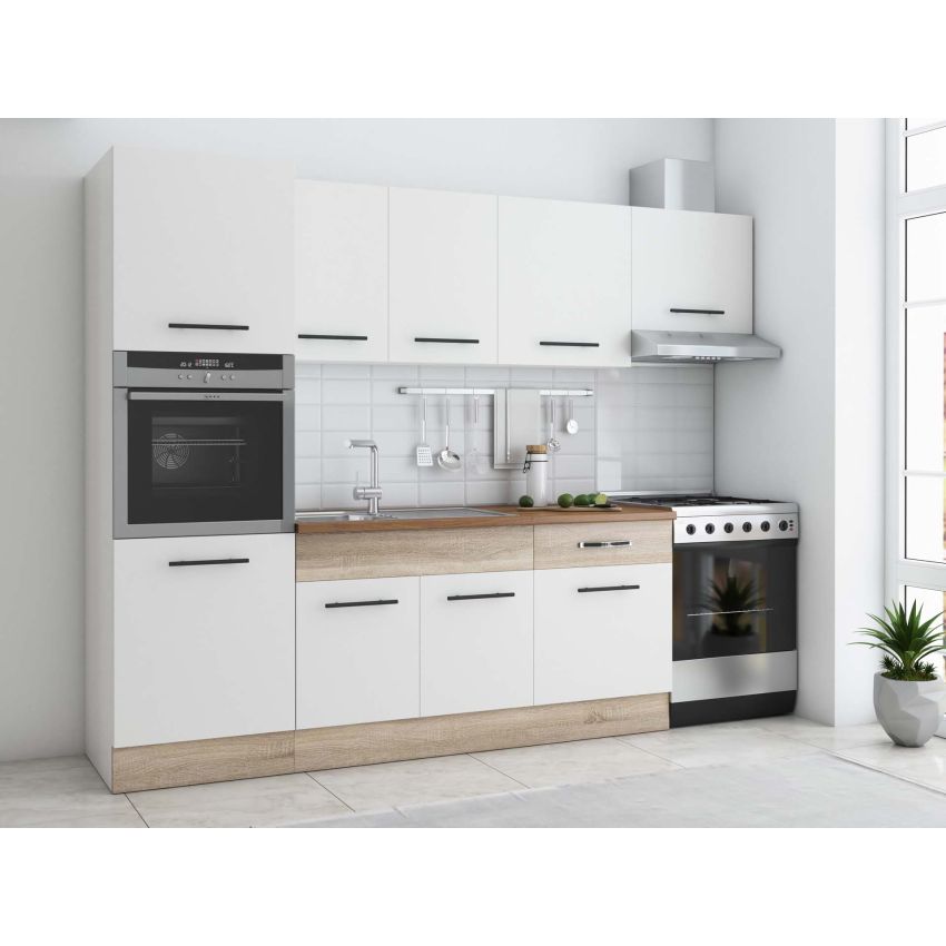 Bucatarie Sofia 260 cm, Alb, Blat termic nuc, Corp cuptor incorporabil
