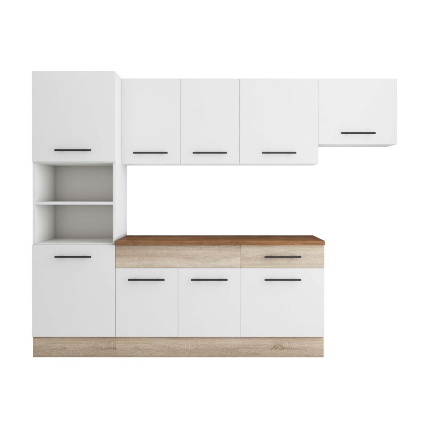 Bucatarie Sofia 260 cm, Alb / Sonoma, Blat termic nuc, Corp cuptor incorporabil