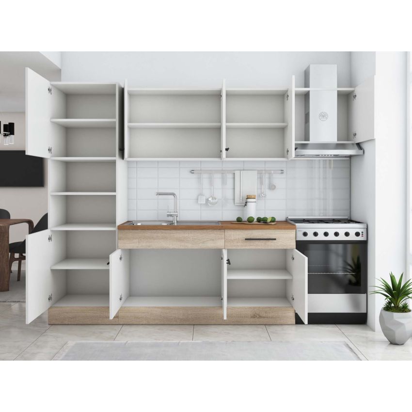Bucatarie Sofia 260 cm, Alb / Sonoma, Blat termic nuc, Corp cuptor incorporabil