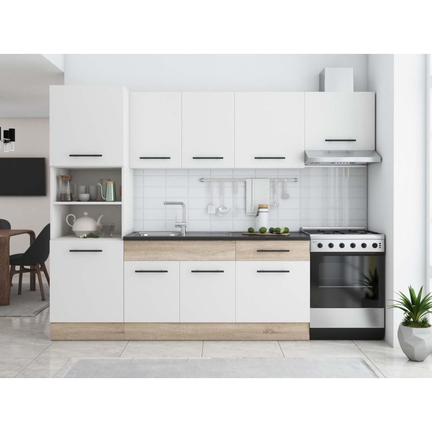 Bucatarie sofia 260 cm, alb / sonoma, blat termic wenge, corp cuptor incorporabil
