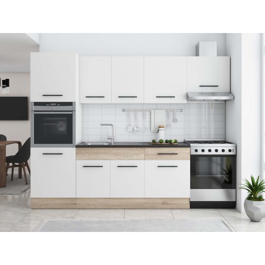 Bucatarie sofia 260 cm, alb / sonoma, blat termic wenge, corp cuptor incorporabil