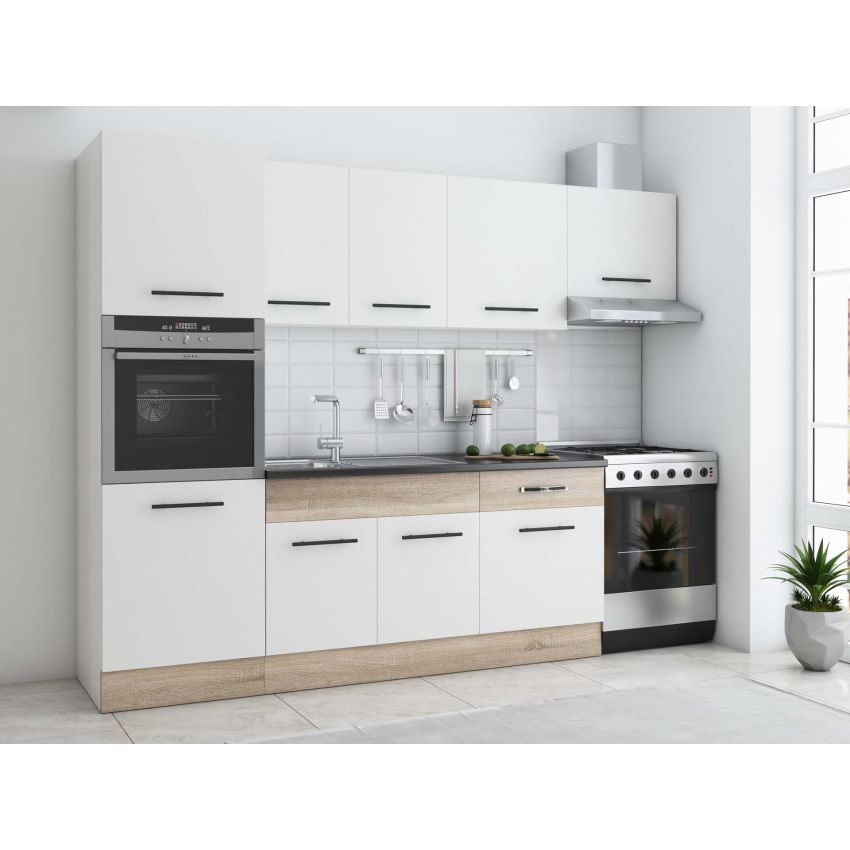 Bucatarie sofia 260 cm, alb / sonoma, blat termic wenge, corp cuptor incorporabil