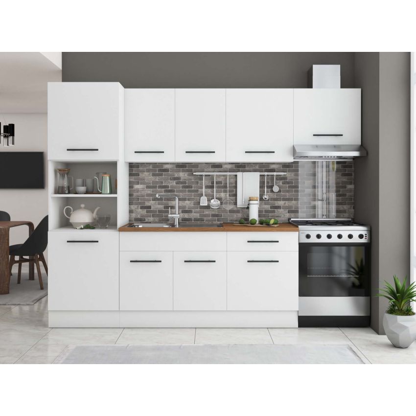 Bucatarie Sofia 260 cm, Alb, Blat termic nuc, Corp cuptor incorporabil