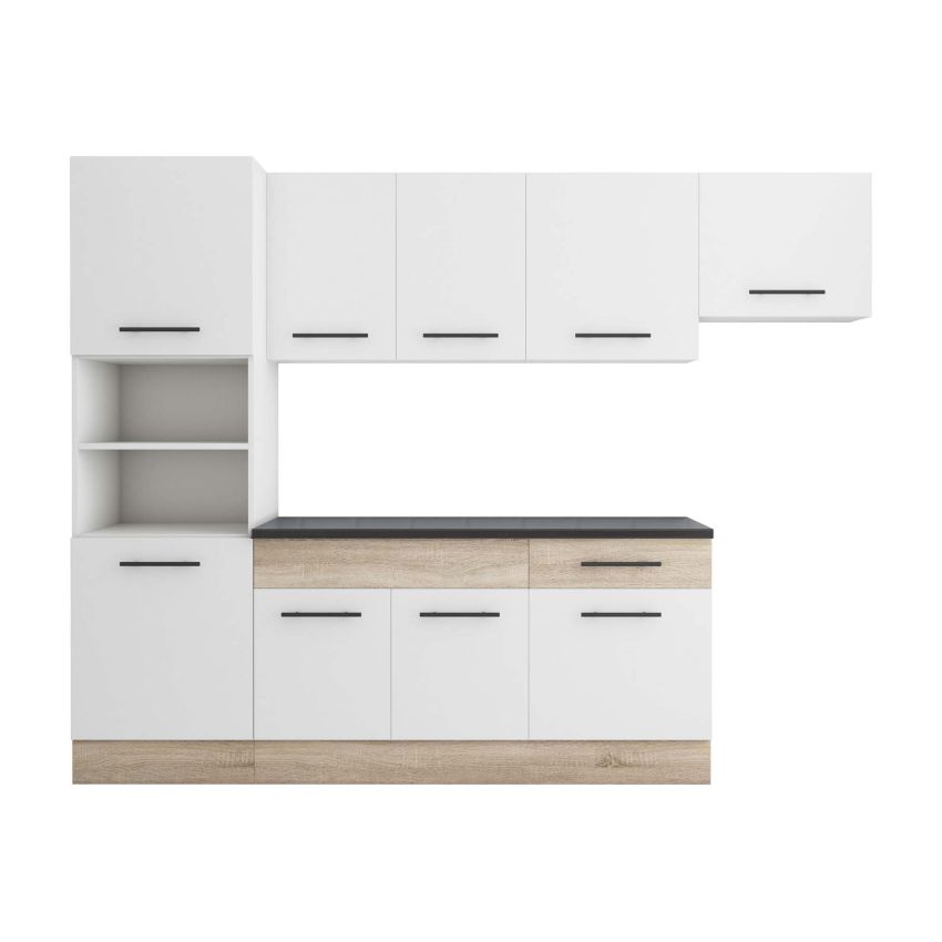 Bucatarie sofia 260 cm, alb / sonoma, blat termic wenge, corp cuptor incorporabil