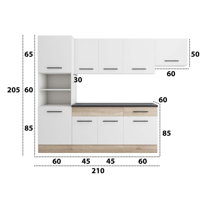 Bucatarie sofia 260 cm, alb / sonoma, blat termic wenge, corp cuptor incorporabil