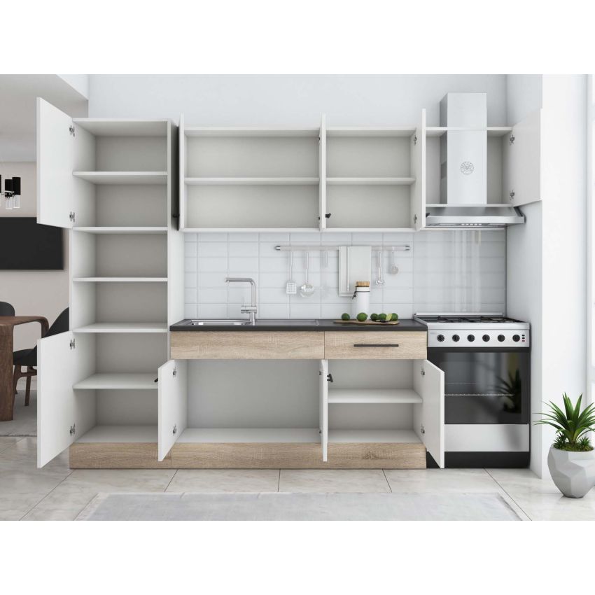 Bucatarie sofia 260 cm, alb / sonoma, blat termic wenge, corp cuptor incorporabil