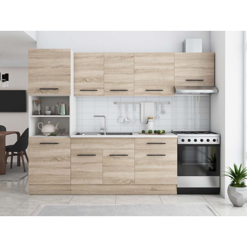 Bucatarie Sofia 260 cm, Sonoma, Blat termic alb, Corp cuptor incorporabil
