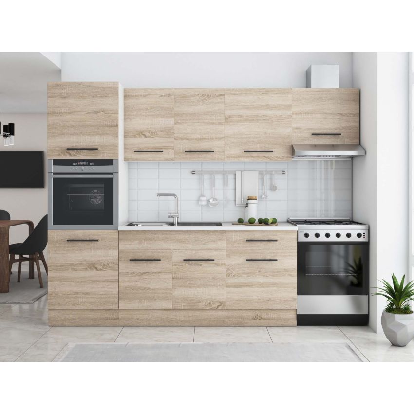 Bucatarie Sofia 260 cm, Sonoma, Blat termic alb, Corp cuptor incorporabil