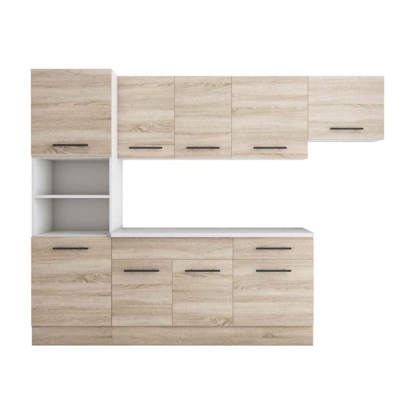 Bucatarie Sofia 260 cm, Sonoma, Blat termic alb, Corp cuptor incorporabil