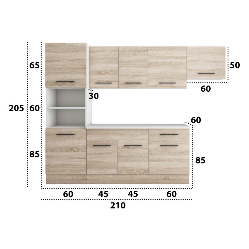 Bucatarie Sofia 260 cm, Sonoma, Blat termic alb, Corp cuptor incorporabil