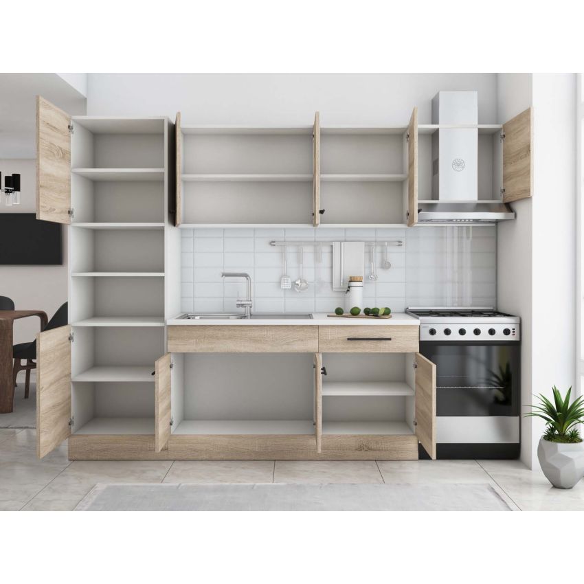 Bucatarie Sofia 260 cm, Sonoma, Blat termic alb, Corp cuptor incorporabil