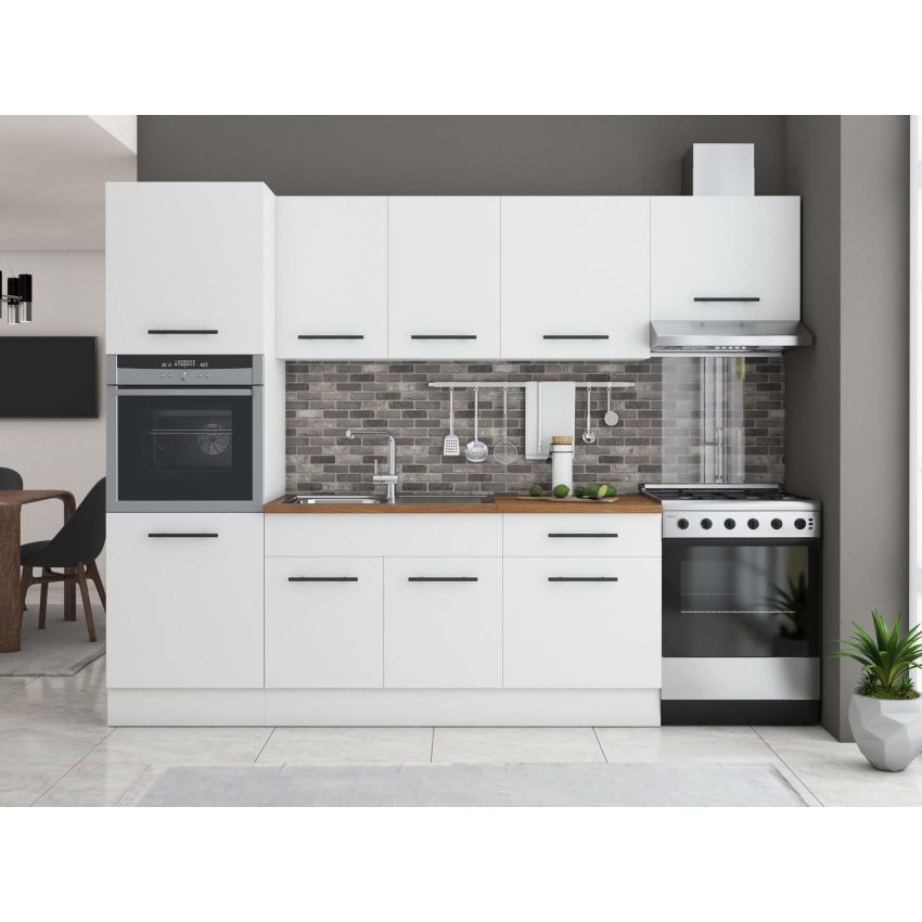 Bucatarie Sofia 260 cm, Alb, Blat termic nuc, Corp cuptor incorporabil