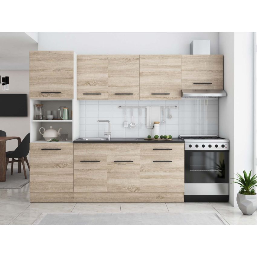 Bucatarie sofia 260 cm, sonoma, blat termic wenge, corp cuptor incorporabil