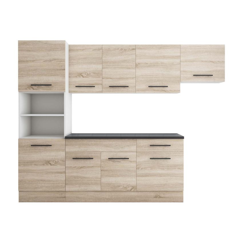 Bucatarie sofia 260 cm, sonoma, blat termic wenge, corp cuptor incorporabil