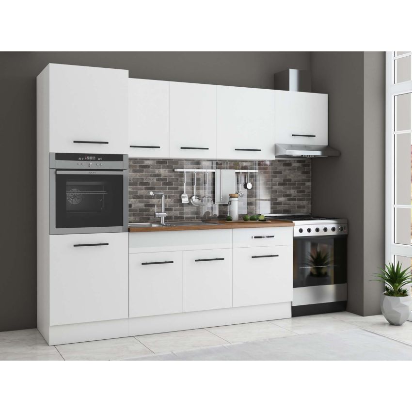 Bucatarie Sofia 260 cm, Alb, Blat termic nuc, Corp cuptor incorporabil