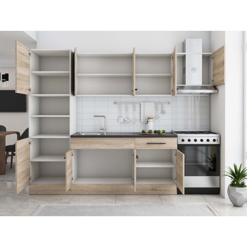 Bucatarie sofia 260 cm, sonoma, blat termic wenge, corp cuptor incorporabil