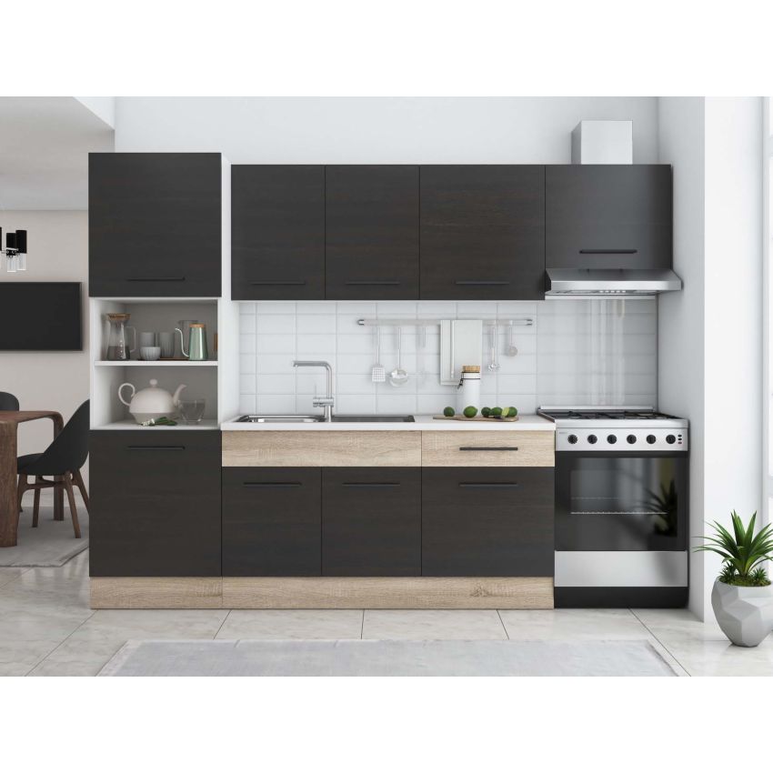 Bucatarie Sofia 260 cm, Wenge / Sonoma, Blat termic alb, Corp cuptor incorporabil