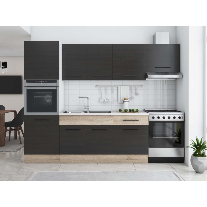Bucatarie Sofia 260 cm, Wenge / Sonoma, Blat termic alb, Corp cuptor incorporabil
