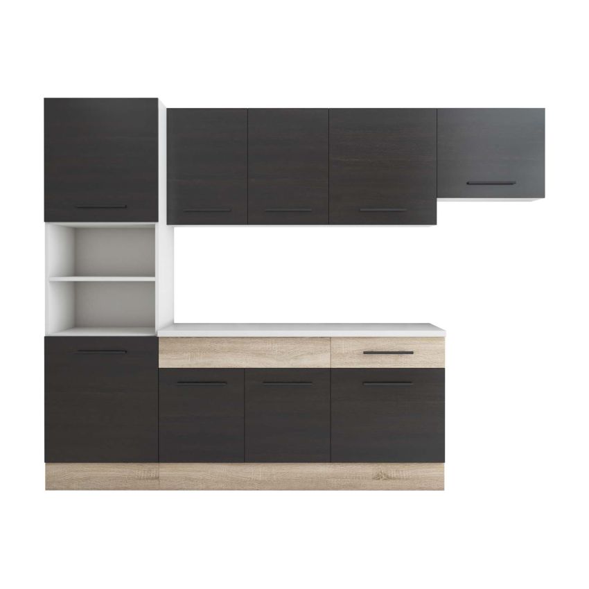 Bucatarie Sofia 260 cm, Wenge / Sonoma, Blat termic alb, Corp cuptor incorporabil