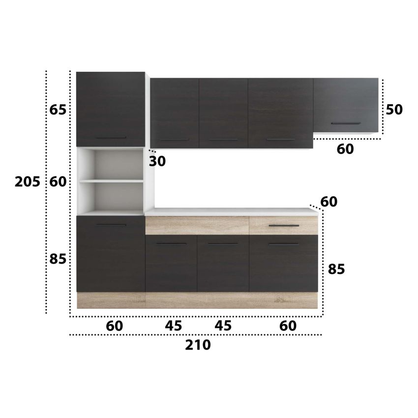 Bucatarie Sofia 260 cm, Wenge / Sonoma, Blat termic alb, Corp cuptor incorporabil
