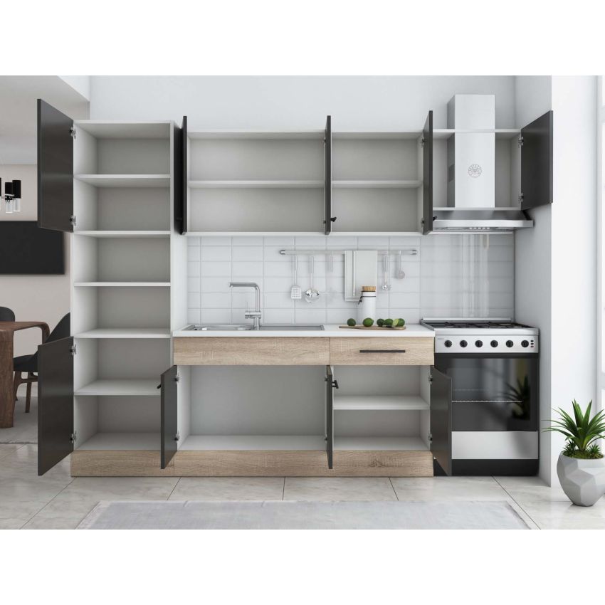 Bucatarie Sofia 260 cm, Wenge / Sonoma, Blat termic alb, Corp cuptor incorporabil