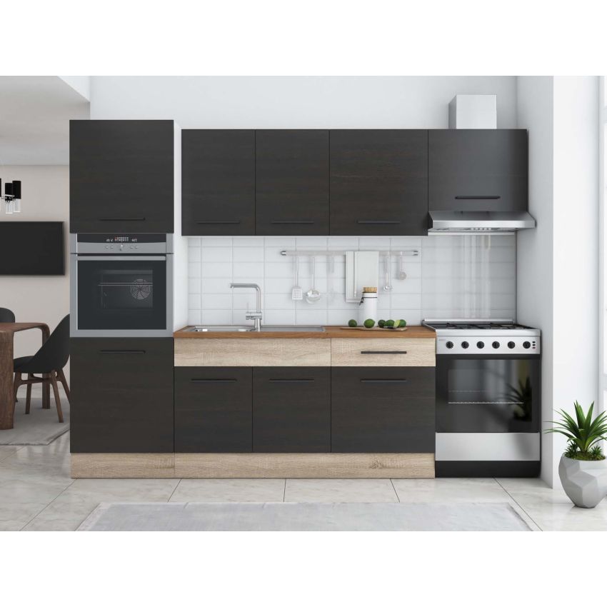 Bucatarie Sofia 260 cm, Wenge / Sonoma, Blat termic nuc, Corp cuptor incorporabil