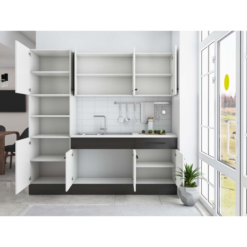 Bucatarie Sofia 200 cm, Alb / Wenge, Blat termic alb, Corp cuptor incorporabil