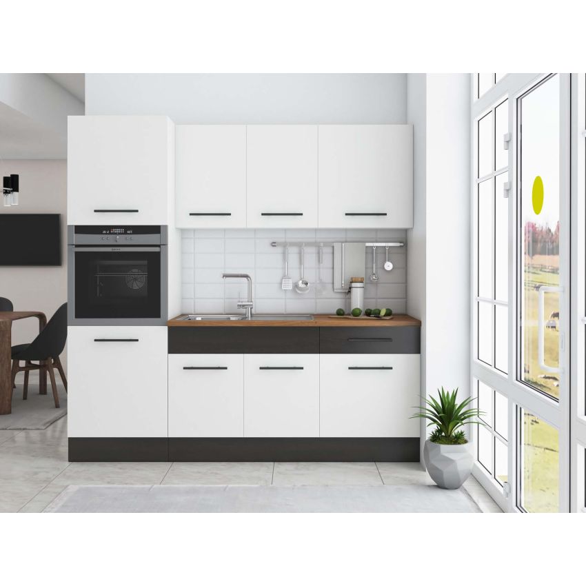 Bucatarie Sofia 200 cm, Alb / Wenge, Blat termic nuc, Corp cuptor incorporabil