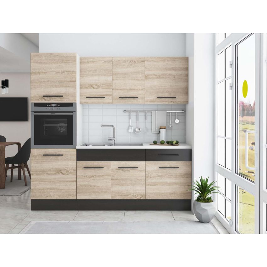 Bucatarie Sofia 200 cm, Sonoma / Wenge, Blat termic alb, Corp cuptor incorporabil
