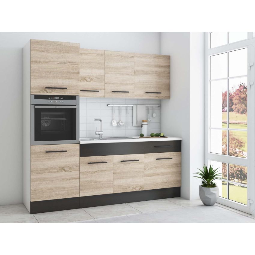Bucatarie Sofia 200 cm, Sonoma / Wenge, Blat termic alb, Corp cuptor incorporabil