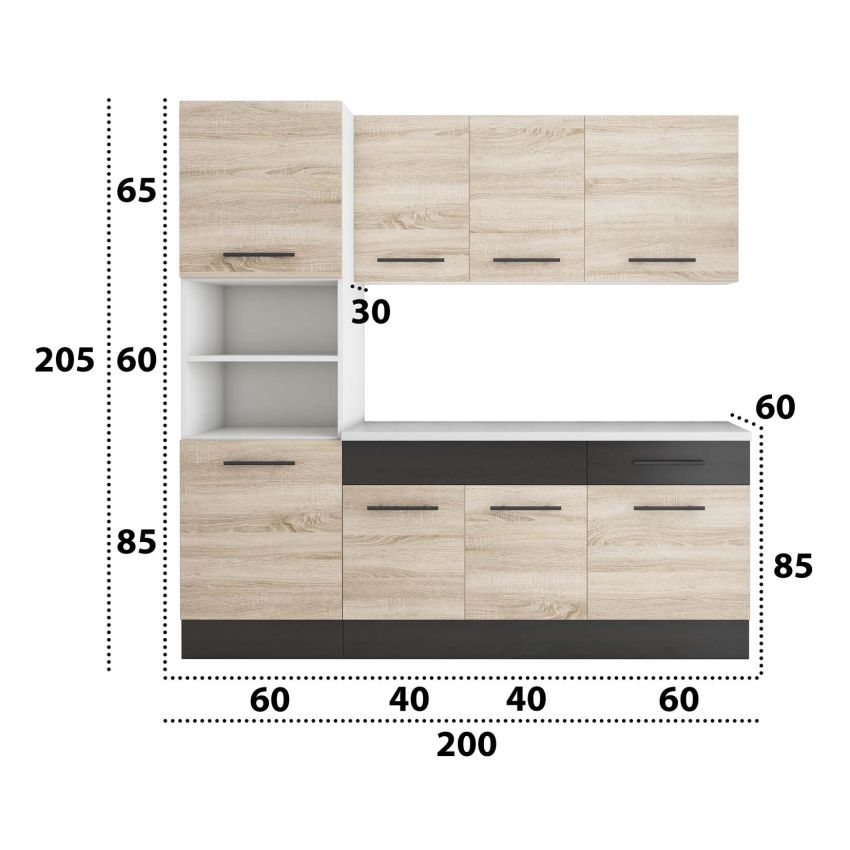 Bucatarie Sofia 200 cm, Sonoma / Wenge, Blat termic alb, Corp cuptor incorporabil