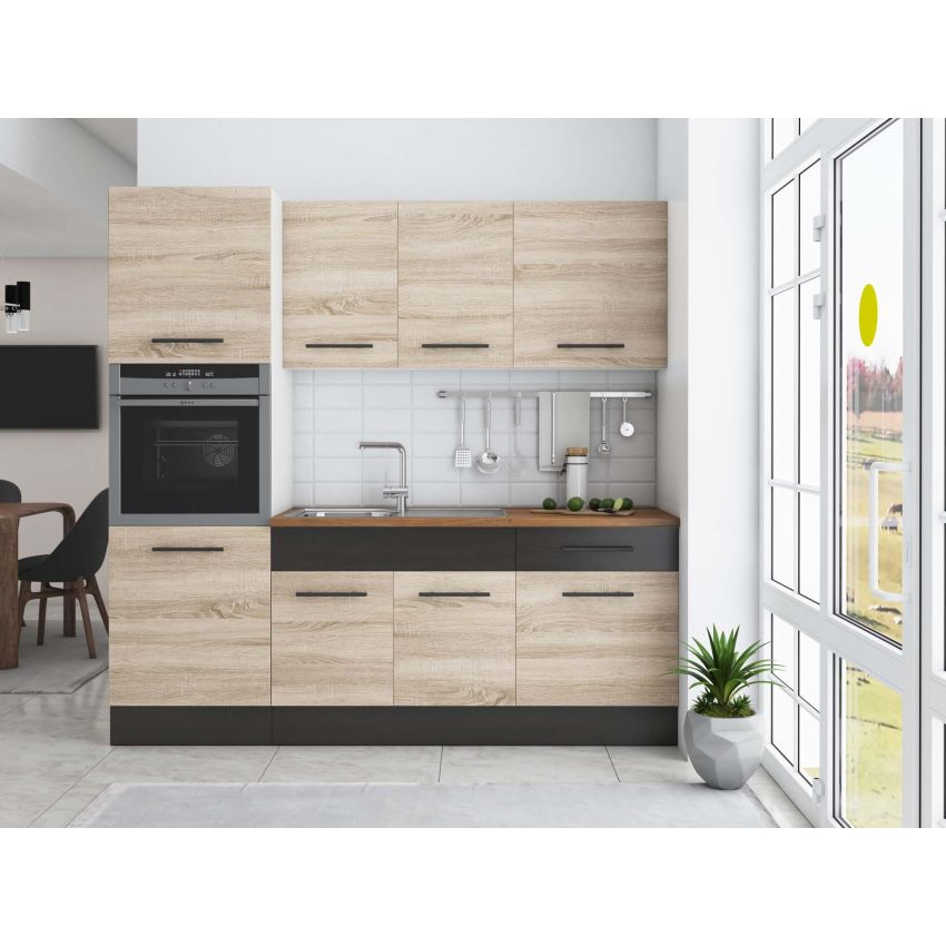 Bucatarie Sofia 200 cm, Sonoma / Wenge, Blat termic nuc, Corp cuptor incorporabil