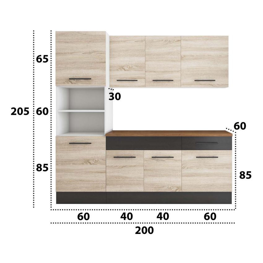 Bucatarie Sofia 200 cm, Sonoma / Wenge, Blat termic nuc, Corp cuptor incorporabil
