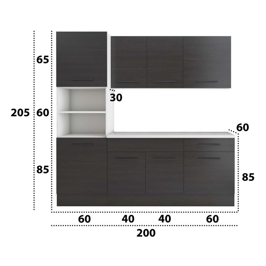 Bucatarie Sofia 200 cm, Wenge, Blat termic alb, Corp cuptor incorporabil