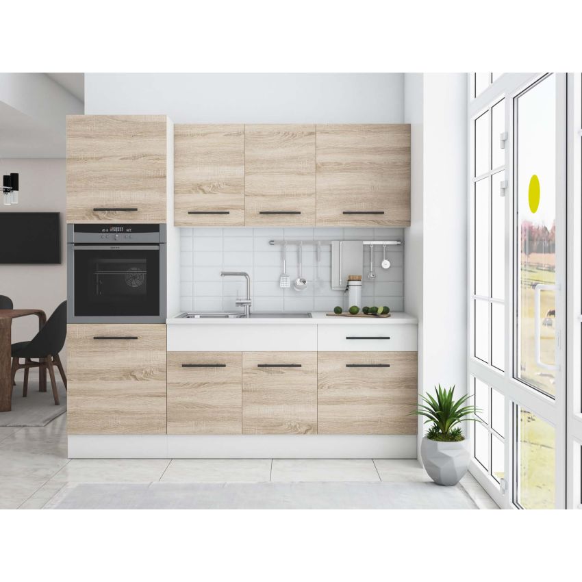 Bucatarie Sofia 200 cm, Sonoma / Alb, Blat termic alb, Corp cuptor incorporabil
