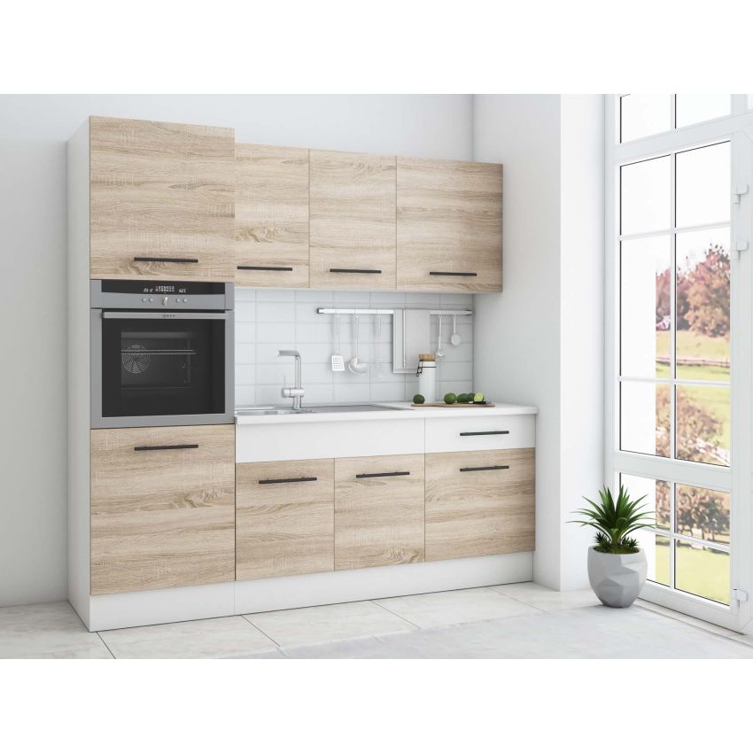 Bucatarie Sofia 200 cm, Sonoma / Alb, Blat termic alb, Corp cuptor incorporabil