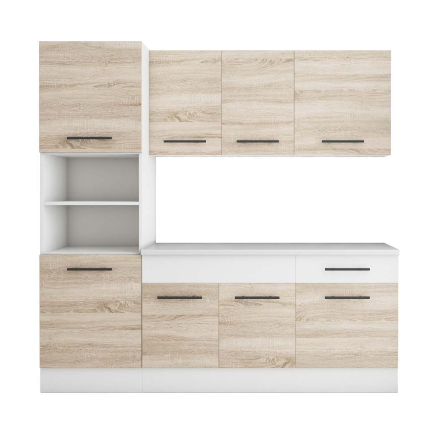 Bucatarie Sofia 200 cm, Sonoma / Alb, Blat termic alb, Corp cuptor incorporabil