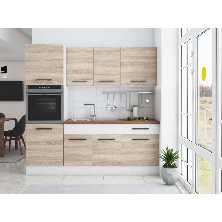 Bucatarie Sofia 200 cm, Ssonoma / Alb, Blat termic nuc, Corp cuptor incorporabil