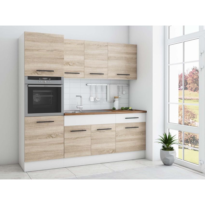 Bucatarie Sofia 200 cm, Ssonoma / Alb, Blat termic nuc, Corp cuptor incorporabil