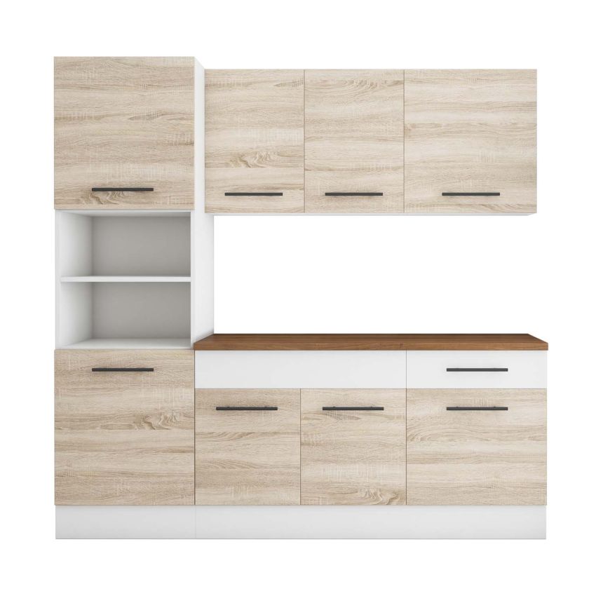 Bucatarie Sofia 200 cm, Ssonoma / Alb, Blat termic nuc, Corp cuptor incorporabil